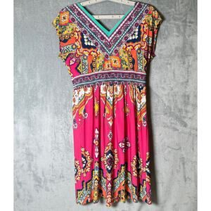 Shelby & Palmer Petite Medium Boho Paisley Empire Waist Dress Pink V Neck